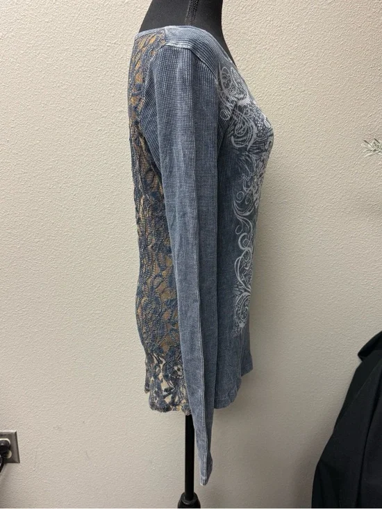 Daytrip Blue Thermal Top Lace Back Rhinestone Long Sleeve Boho Medium - Picture 6 of 9